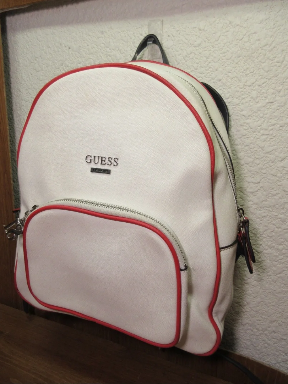 GUESS White Backpack with Red Trim